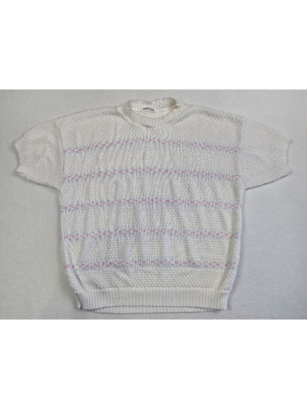 Vintage Short-Sleeve Knit Sweater XL Top White Pink Floral Cottagecore Feminine